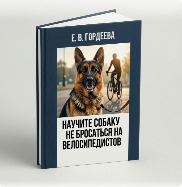 3D-обложка книги «Научите собаку не бросаться на велосипедистов», автор ветеринарный каниспсихолог Гордеева Е. В. На синем фоне изображена немецкая овчарка на поводке и велосипедист в парке.