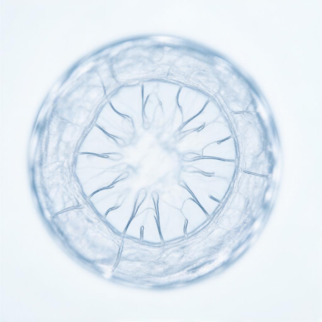 Микрофотография эхинококковой кисты Echinococcus под лабораторным микроскопом в сине-голубых тонах.